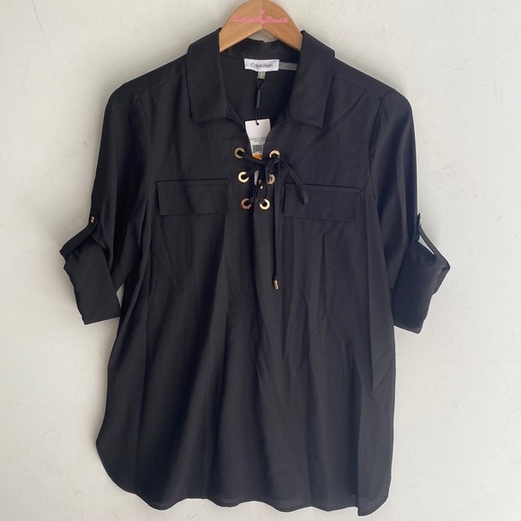 Calvin Klein modern essentials black roll tab sleeve blouse, Size S, NWT - Picture 2 of 10